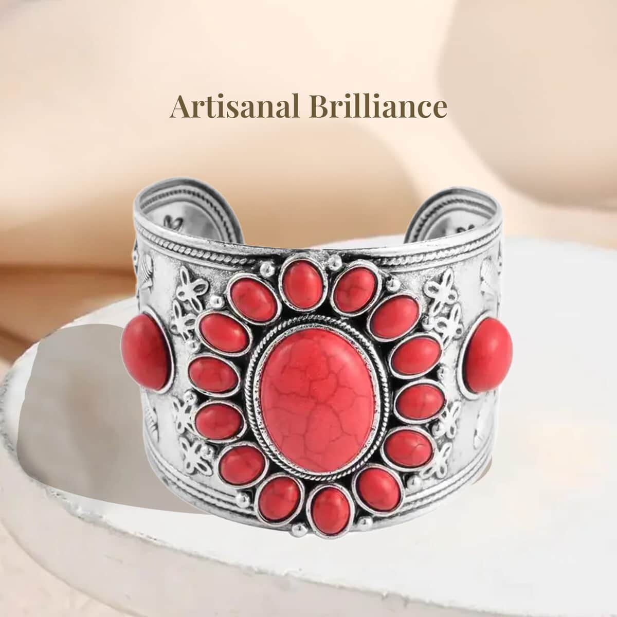 Red Howlite 219.00 ctw Dangle Earrings, Cuff Bracelet (7.5-8.5In) and Pendant Necklace in Silvertone, Red Jewelry Set, Birthday Gift For Her 26-30 Inches image number 4