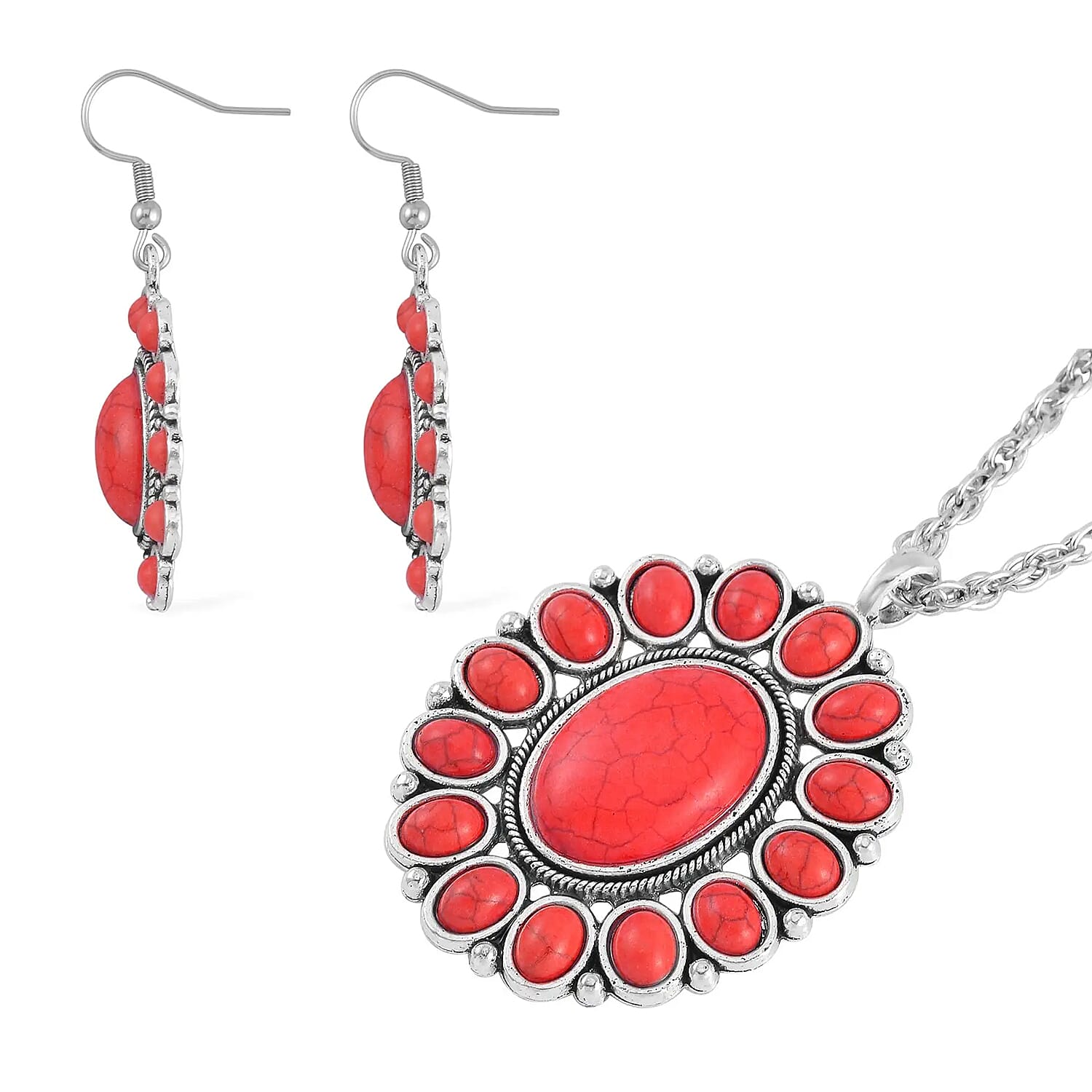 Constituted Red Howlite 219.00 ctw Dangle Earrings, Cuff Bracelet (7.5-8.5In) and Pendant Necklace 26-30 Inches in Silvertone