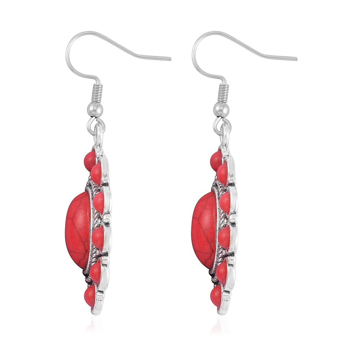 Constituted Red Howlite 219.00 ctw Dangle Earrings, Cuff Bracelet (7.5-8.5In) and Pendant Necklace 26-30 Inches in Silvertone