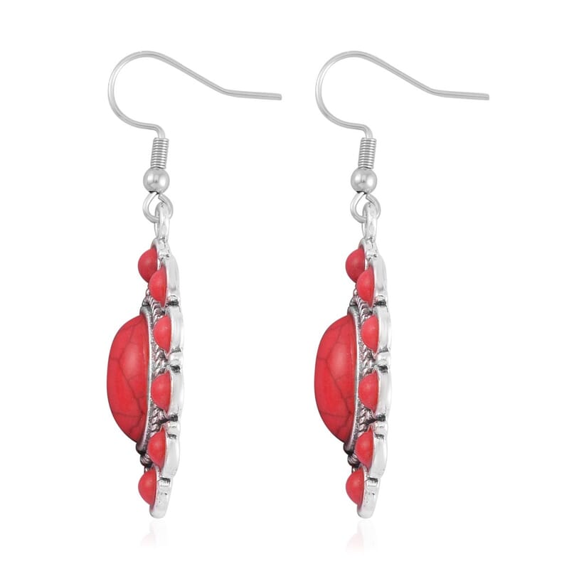 Constituted Red Howlite 219.00 ctw Dangle Earrings, Cuff Bracelet (7.5-8.5In) and Pendant Necklace 26-30 Inches in Silvertone