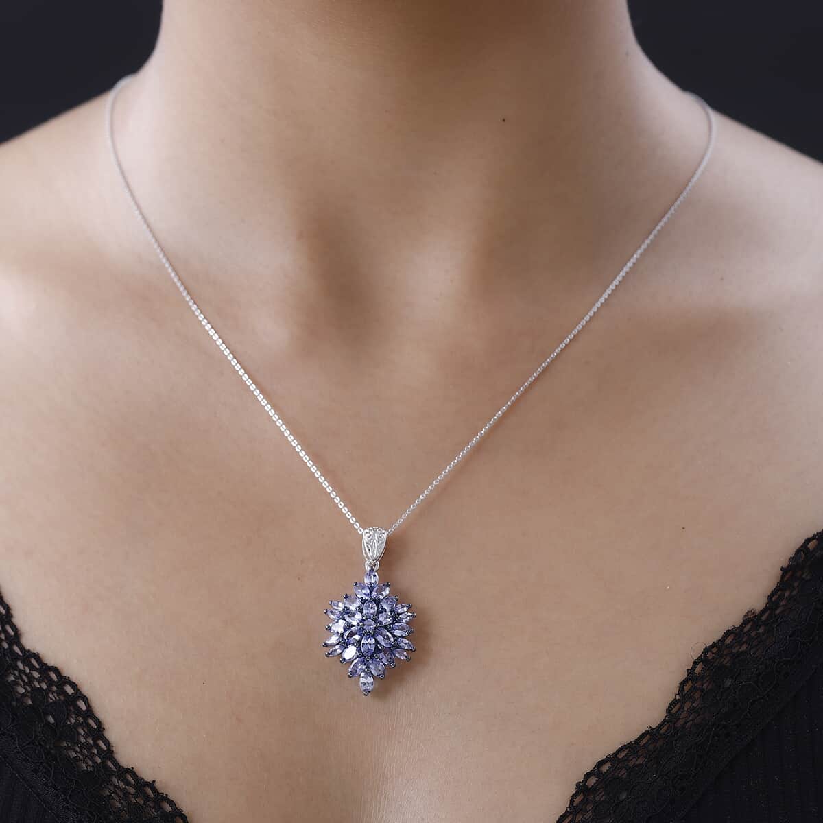 Tanzanite 4.70 ctw Floral Spray Pendant Necklace in Platinum Over Sterling Silver 20 Inches image number 2