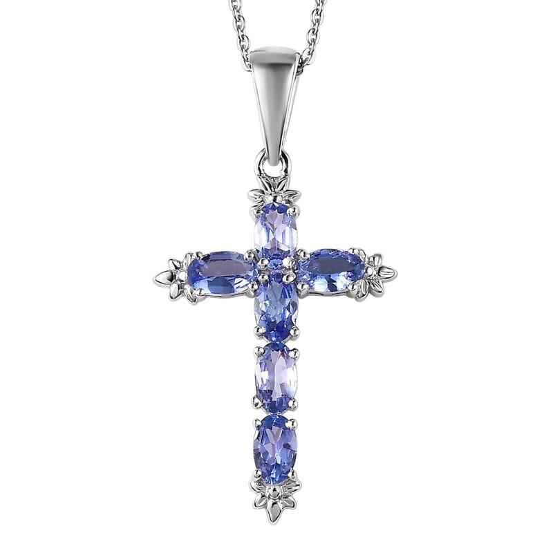Tanzanite Cross Pendant Necklace 20 Inches in Platinum Over Sterling Silver 1.40 ctw