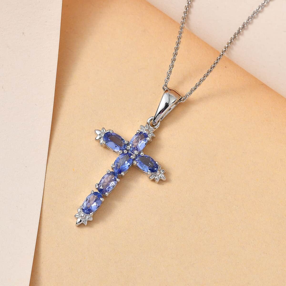 Tanzanite Cross Pendant Necklace (20 Inches) in Platinum Over Sterling Silver 1.40 ctw image number 1