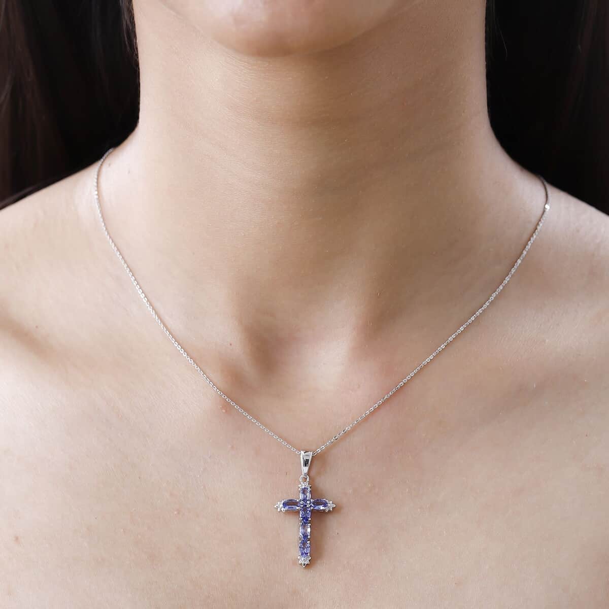 Tanzanite Cross Pendant Necklace (20 Inches) in Platinum Over Sterling Silver 1.40 ctw image number 2