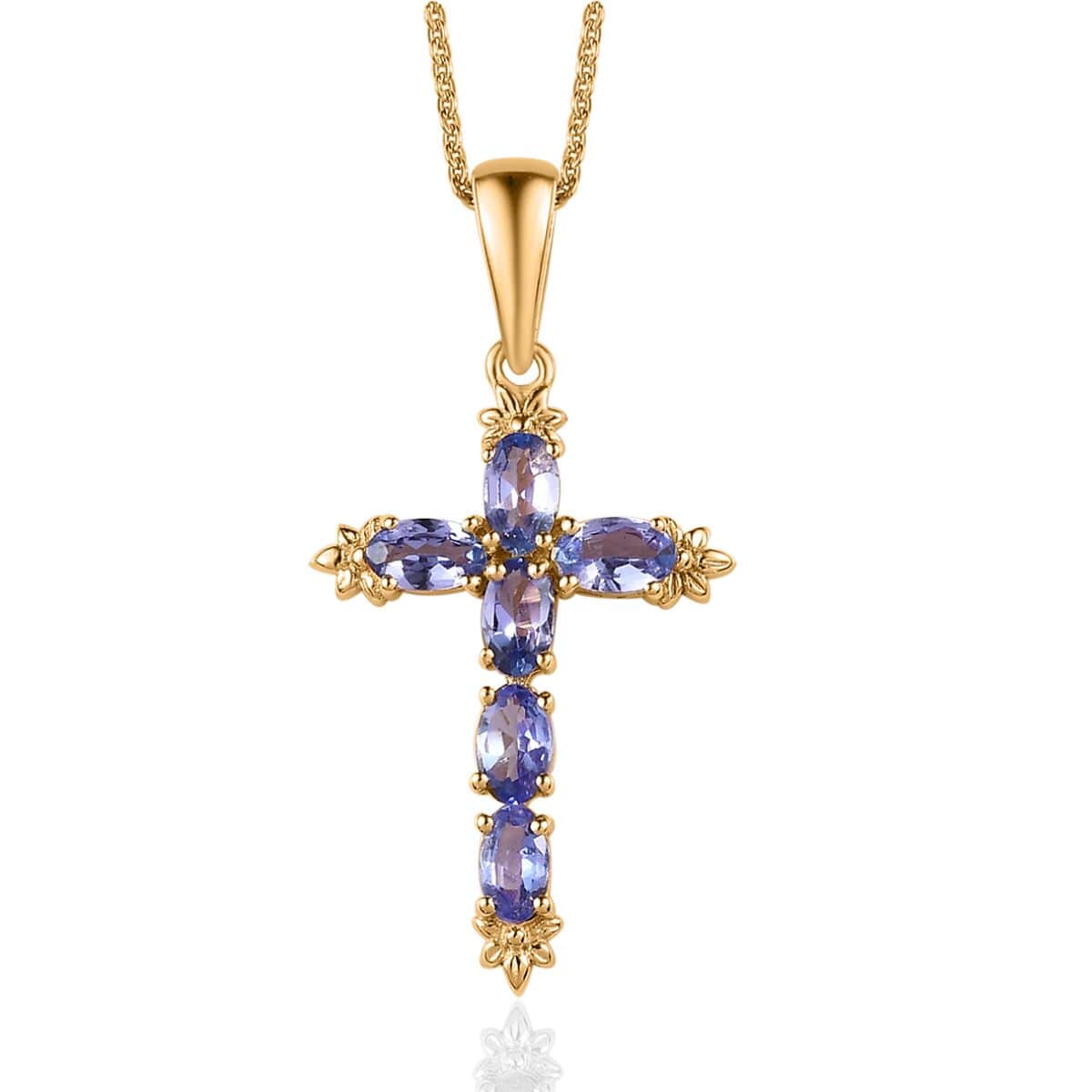 Tanzanite Cross Pendant Necklace 20 Inches in Vermeil Yellow Gold Over Sterling Silver 1.40 ctw image number 0