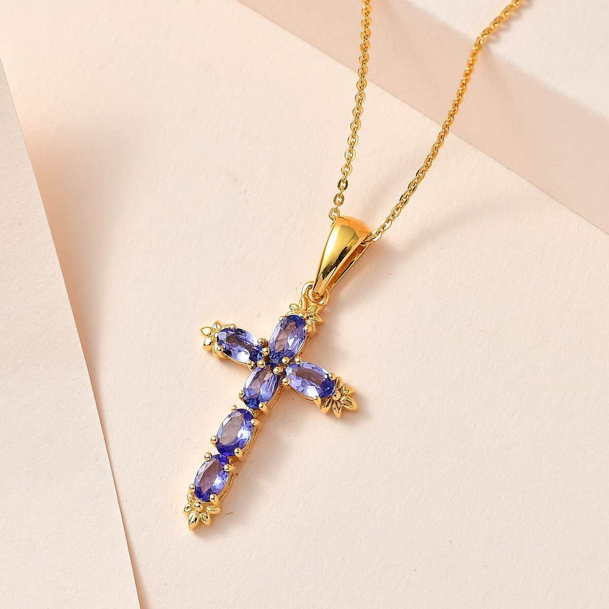Tanzanite Cross Pendant Necklace 20 Inches in Vermeil Yellow Gold Over Sterling Silver 1.40 ctw image number 1