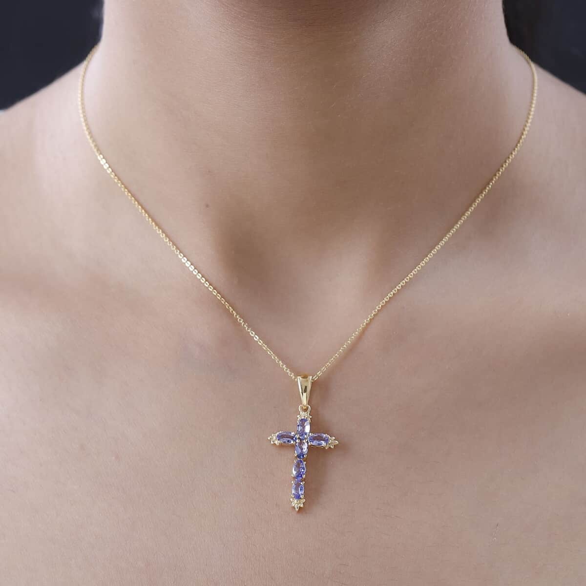 Tanzanite Cross Pendant Necklace 20 Inches in Vermeil Yellow Gold Over Sterling Silver 1.40 ctw image number 2