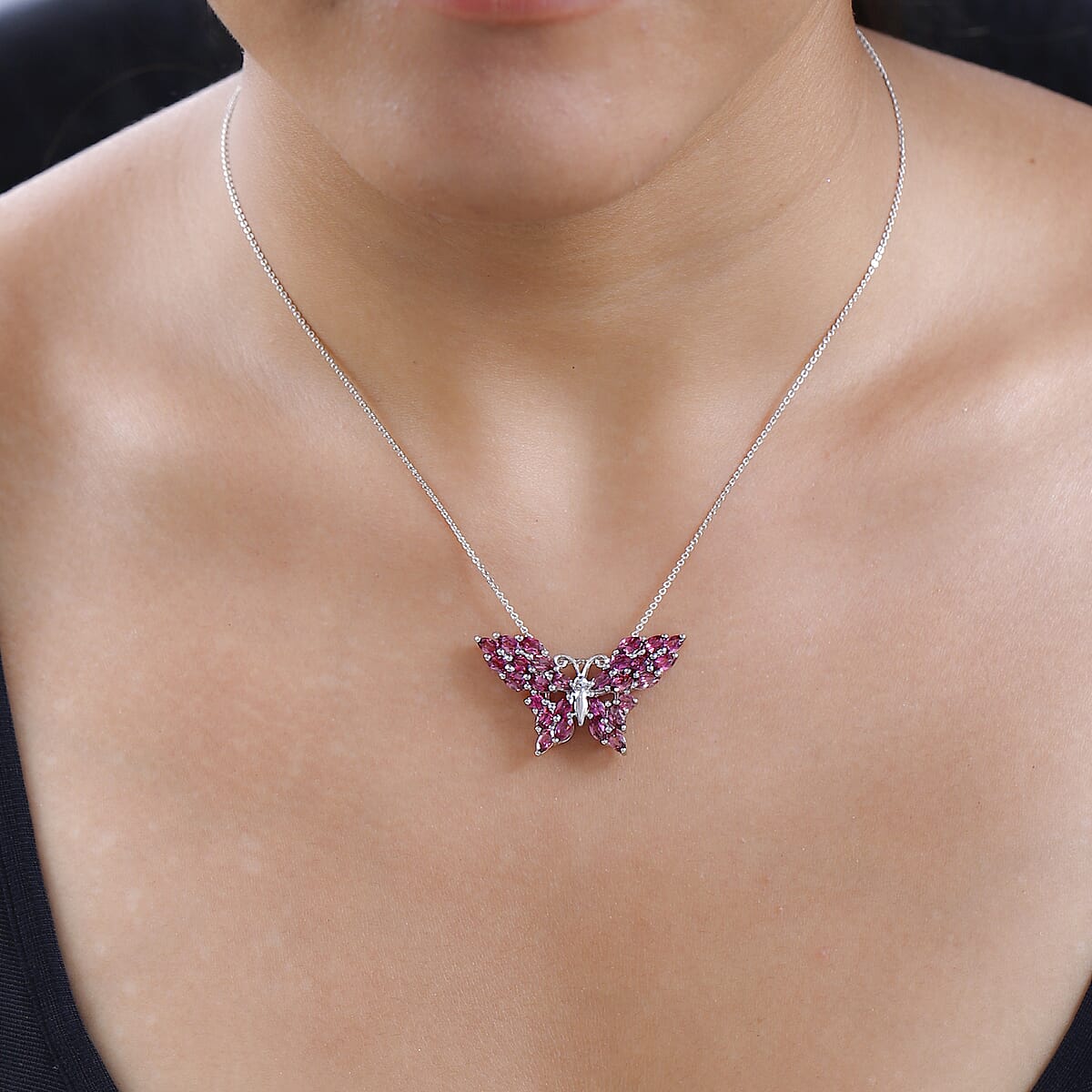 Tanzanian Rhodolite Garnet Butterfly Pendant Necklace 20 Inches in Platinum Over Sterling Silver 4.90 ctw image number 2