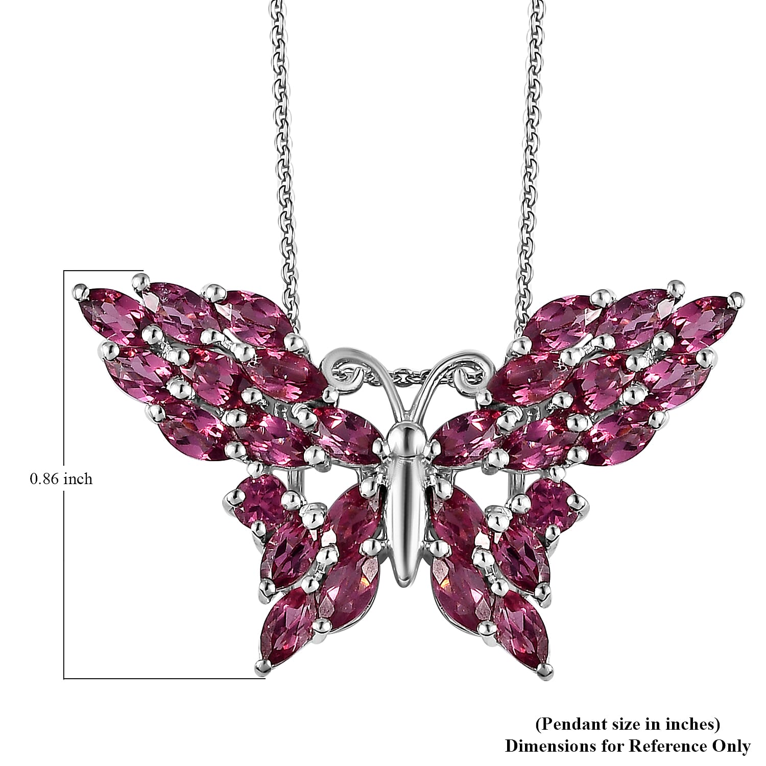 Tanzanian Rhodolite Garnet Butterfly Pendant Necklace 20 Inches in Platinum Over Sterling Silver 4.90 ctw