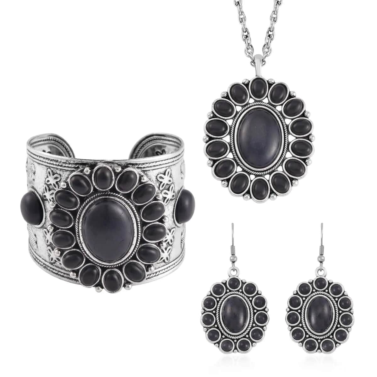 Black Howlite Gemstone 219.00 ctw Floral Cuff Bracelet 7.50-8.50 Inch, Earrings and Pendant Necklace in Silvertone 26-30 Inches image number 0