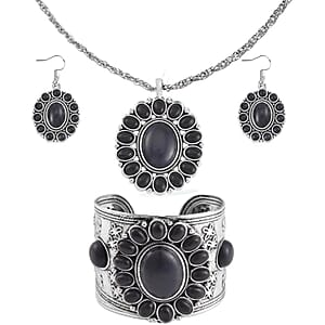 Constituted Black Howlite Gemstone 219.00 ctw Floral Cuff Bracelet 7.50-8.50 Inch, Earrings and Pendant Necklace in Silvertone 26-30 Inches