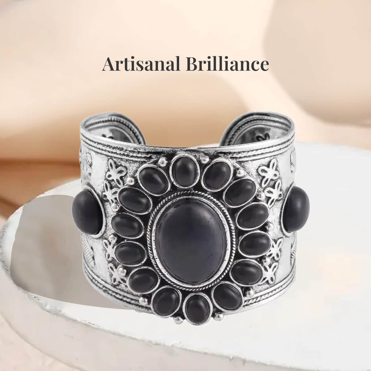 Black Howlite Gemstone 219.00 ctw Floral Cuff Bracelet 7.50-8.50 Inch, Earrings and Pendant Necklace in Silvertone 26-30 Inches image number 4