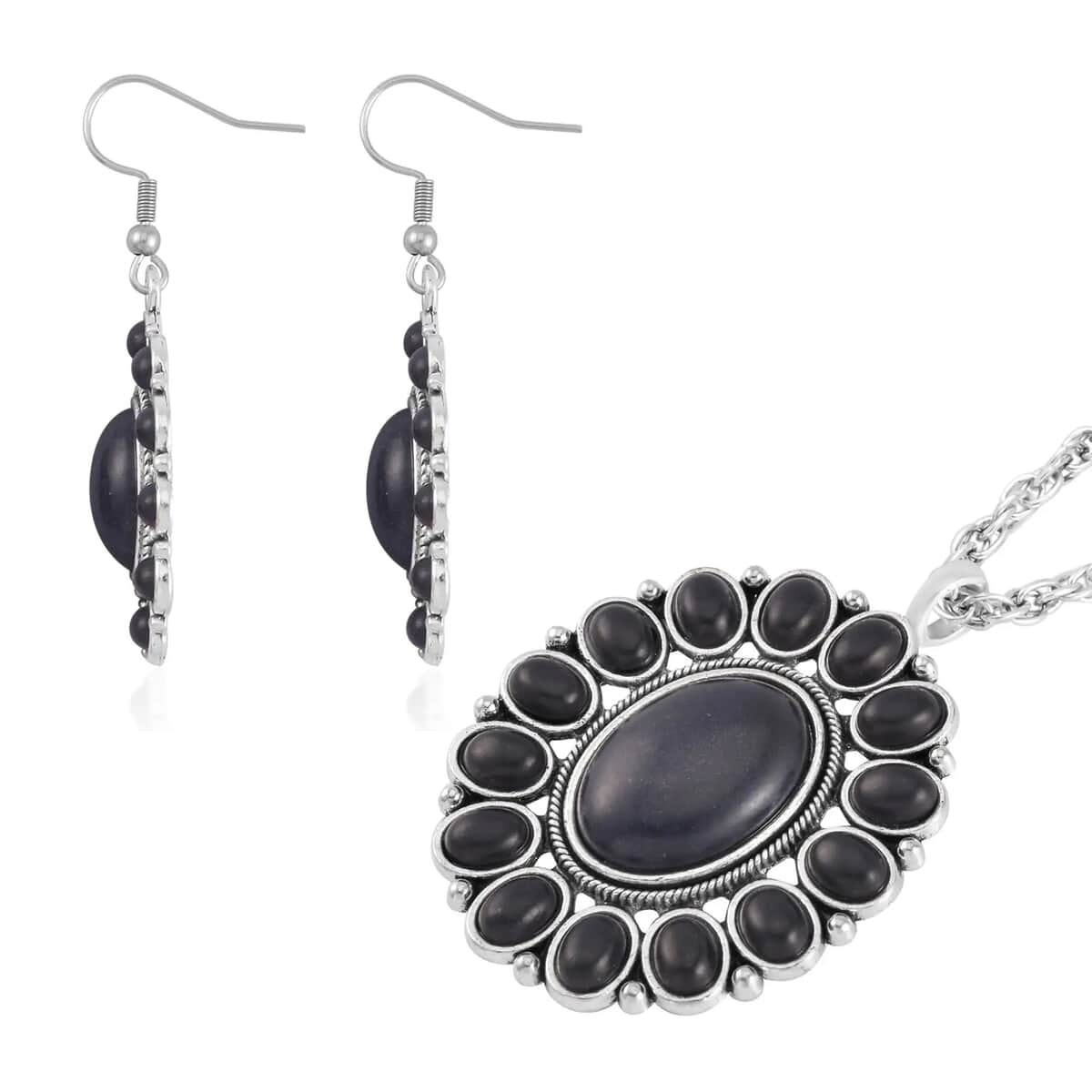 Black Howlite Gemstone 219.00 ctw Floral Cuff Bracelet 7.50-8.50 Inch, Earrings and Pendant Necklace in Silvertone 26-30 Inches image number 6