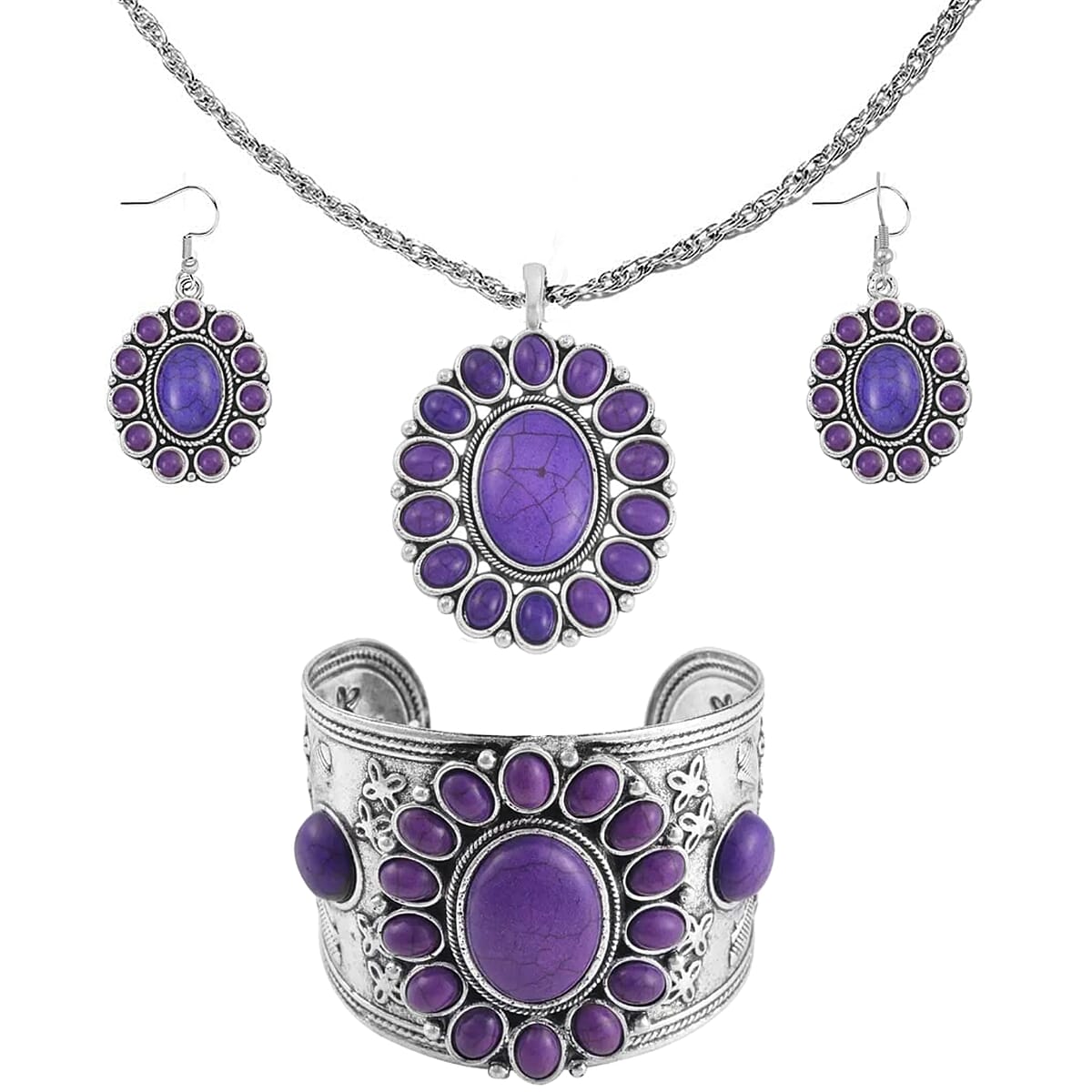 Constituted Purple Howlite 219.00 ctw Dangle Earrings, Cuff Bracelet (7.5-8.5In) and Pendant Necklace 26-30 Inches in Silvertone image number 0
