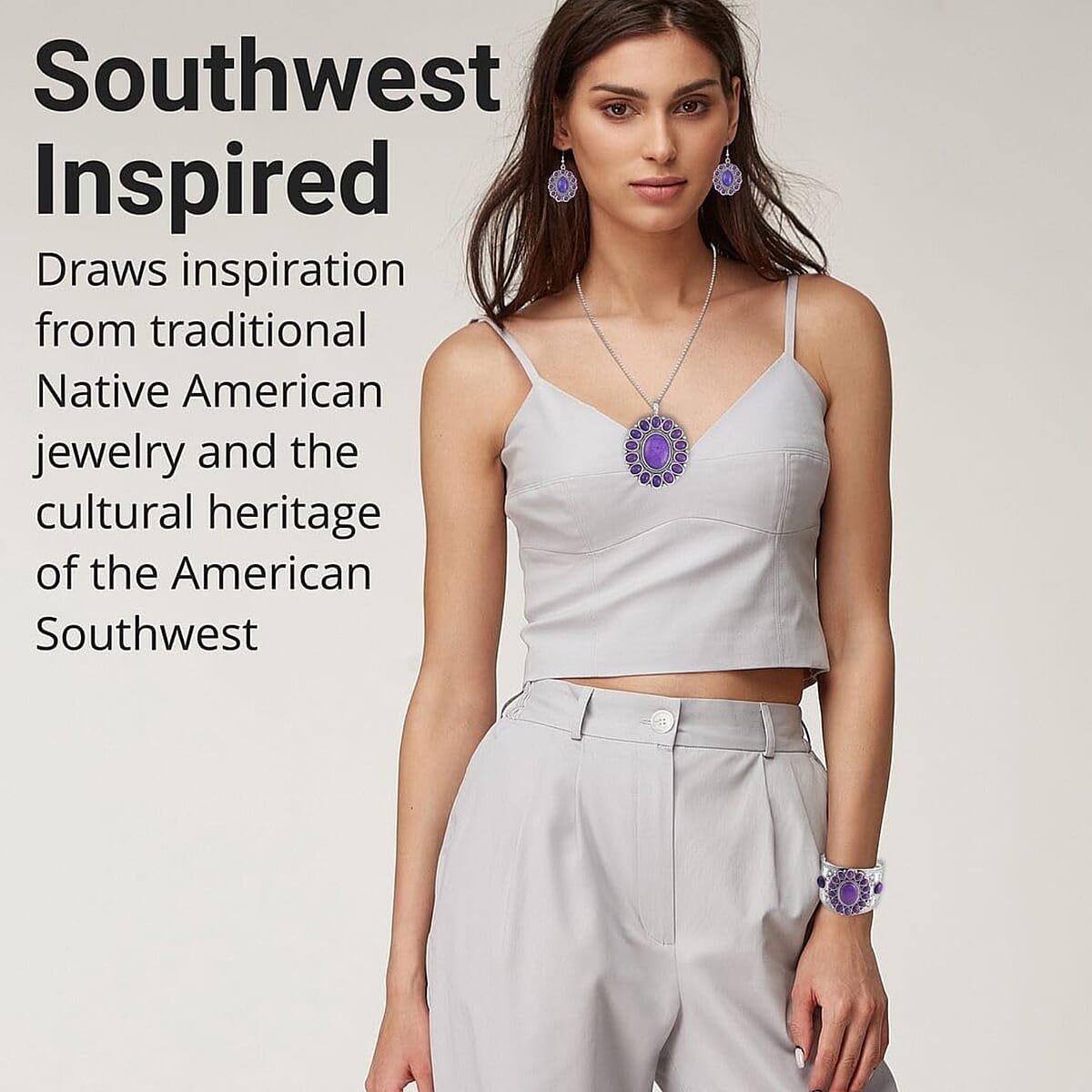 Constituted Purple Howlite 219.00 ctw Dangle Earrings, Cuff Bracelet (7.5-8.5In) and Pendant Necklace 26-30 Inches in Silvertone image number 1