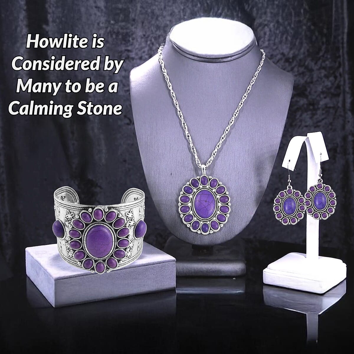 Constituted Purple Howlite 219.00 ctw Dangle Earrings, Cuff Bracelet (7.5-8.5In) and Pendant Necklace 26-30 Inches in Silvertone image number 3