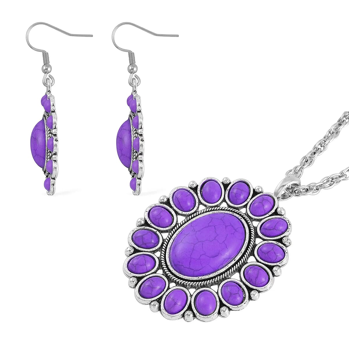 Constituted Purple Howlite 219.00 ctw Dangle Earrings, Cuff Bracelet (7.5-8.5In) and Pendant Necklace 26-30 Inches in Silvertone image number 6