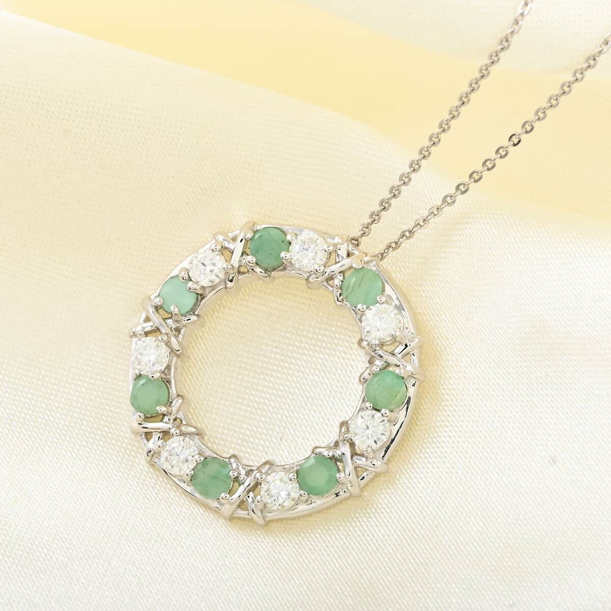 Doorbuster Emerald and Moissanite Pendant Necklace 20 Inches in Vermeil Yellow Gold and Platinum Over Sterling Silver 1.60 ctw image number 1