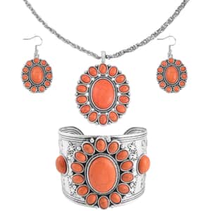 Orange Howlite Gemstone 219.00 ctw Floral Cuff Bracelet 7.50-8.50 Inch, Earrings and Pendant Necklace in Silvertone 26-30 Inches