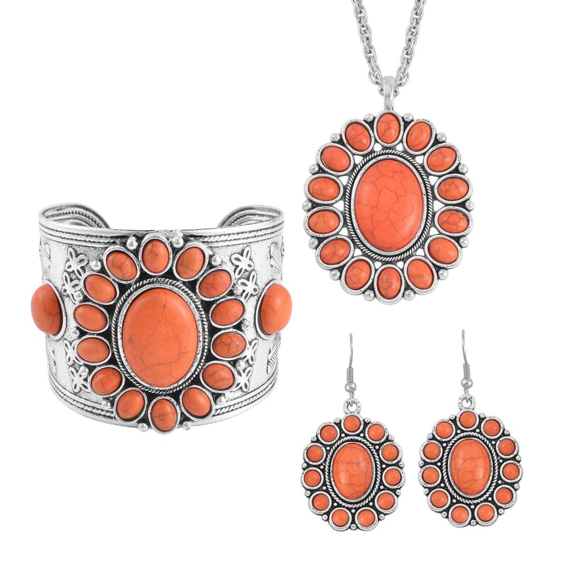Constituted Orange Howlite 219.00 ctw Dangle Earrings, Cuff Bracelet (7.5-8.5In) and Pendant Necklace 26-30 Inches in Silvertone