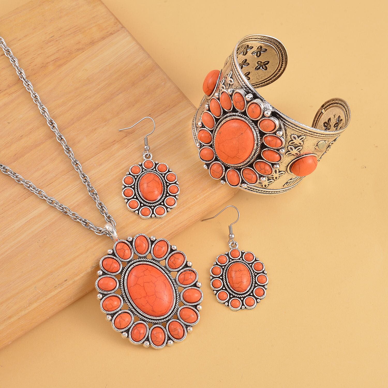 Constituted Orange Howlite 219.00 ctw Dangle Earrings, Cuff Bracelet (7.5-8.5In) and Pendant Necklace 26-30 Inches in Silvertone