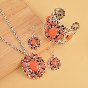 Constituted Orange Howlite 219.00 ctw Dangle Earrings, Cuff Bracelet (7.5-8.5In) and Pendant Necklace 26-30 Inches in Silvertone