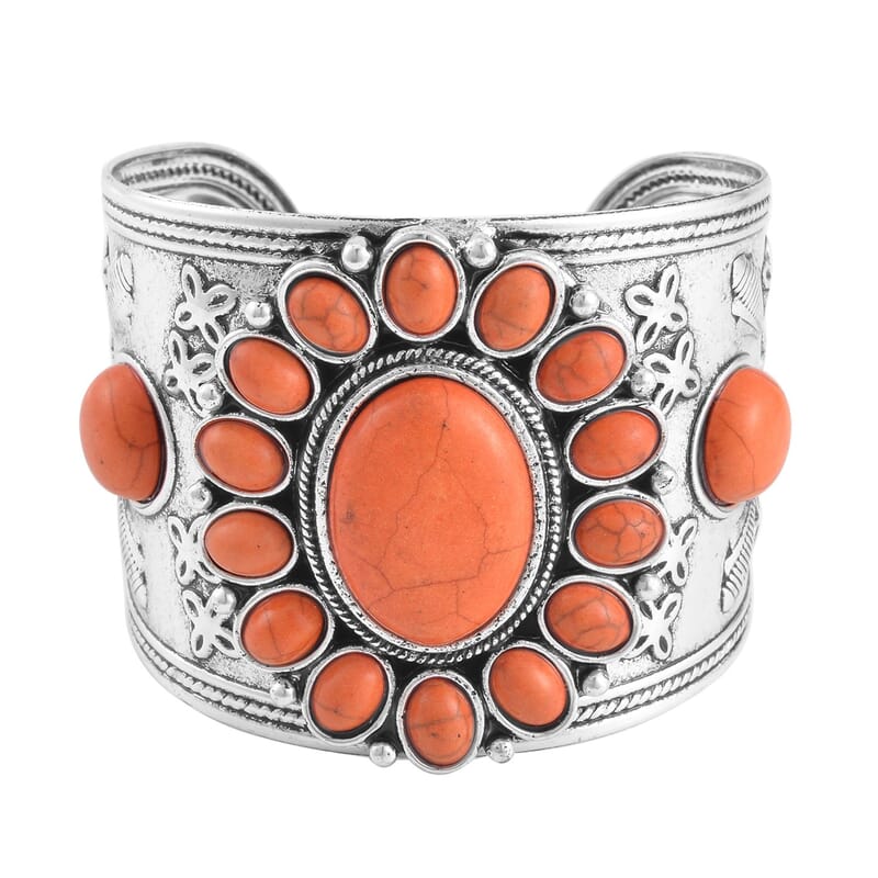 Constituted Orange Howlite 219.00 ctw Dangle Earrings, Cuff Bracelet (7.5-8.5In) and Pendant Necklace 26-30 Inches in Silvertone