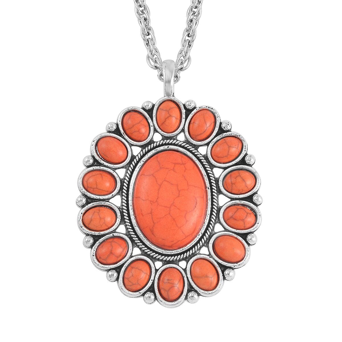 Constituted Orange Howlite 219.00 ctw Dangle Earrings, Cuff Bracelet (7.5-8.5In) and Pendant Necklace 26-30 Inches in Silvertone