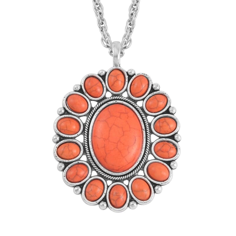 Constituted Orange Howlite 219.00 ctw Dangle Earrings, Cuff Bracelet (7.5-8.5In) and Pendant Necklace 26-30 Inches in Silvertone