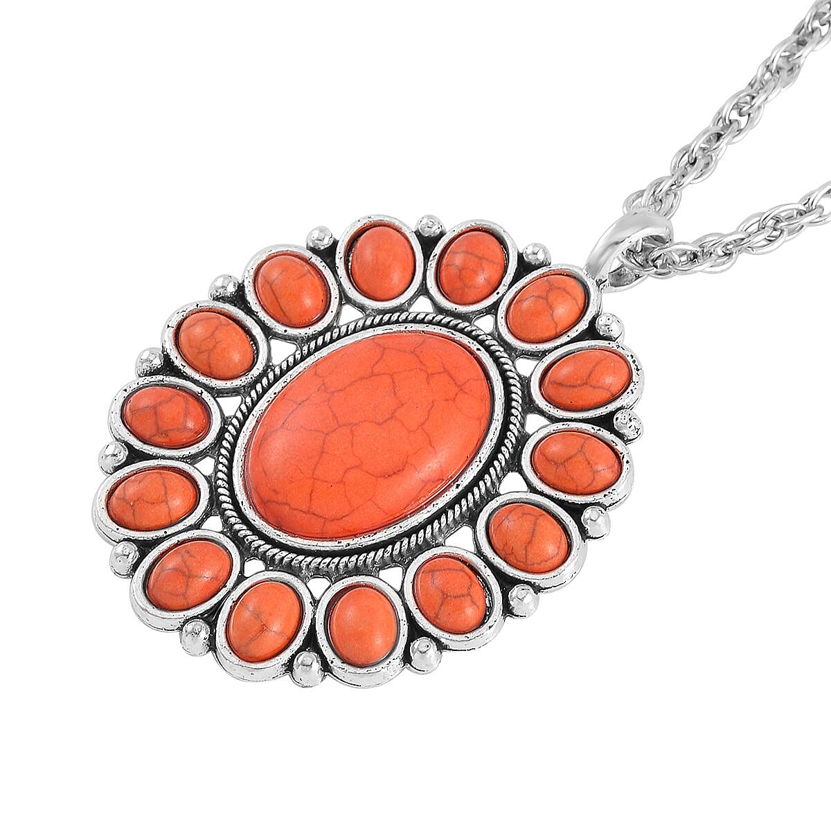 Constituted Orange Howlite 219.00 ctw Dangle Earrings, Cuff Bracelet (7.5-8.5In) and Pendant Necklace 26-30 Inches in Silvertone