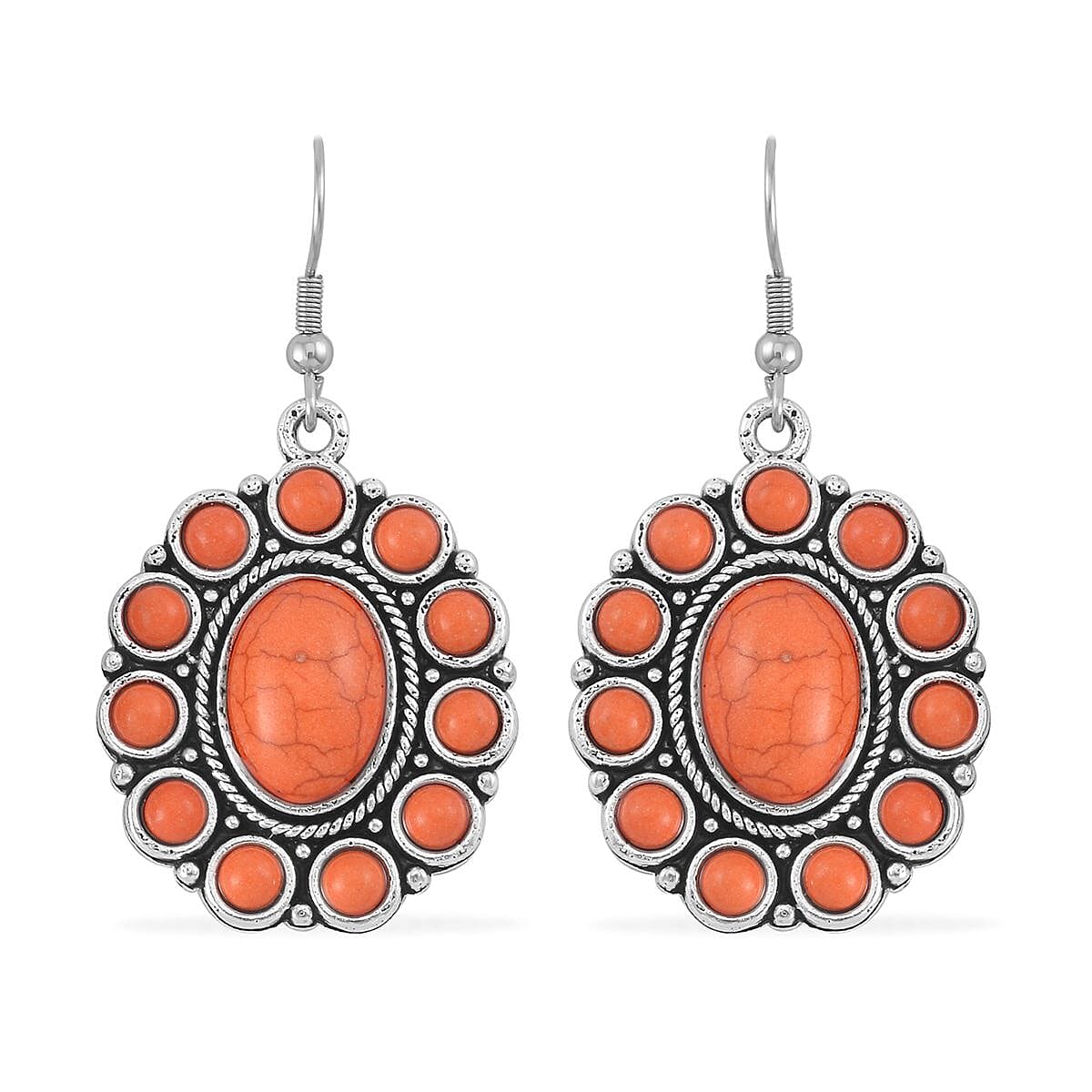 Constituted Orange Howlite 219.00 ctw Dangle Earrings, Cuff Bracelet (7.5-8.5In) and Pendant Necklace 26-30 Inches in Silvertone