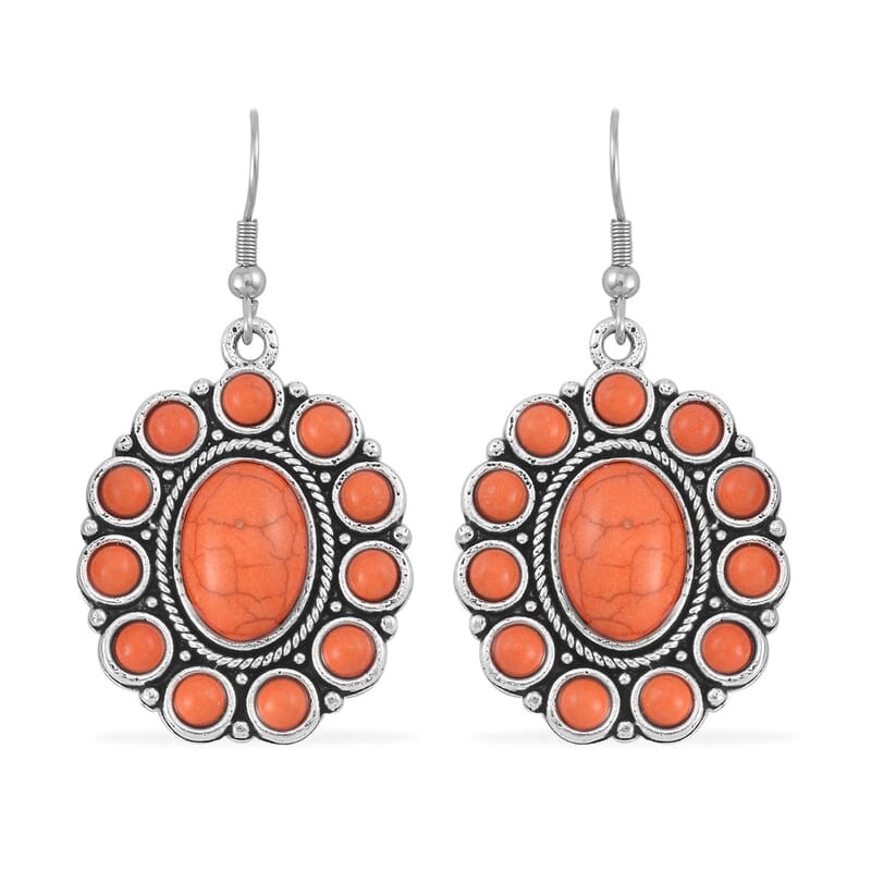 Constituted Orange Howlite 219.00 ctw Dangle Earrings, Cuff Bracelet (7.5-8.5In) and Pendant Necklace 26-30 Inches in Silvertone