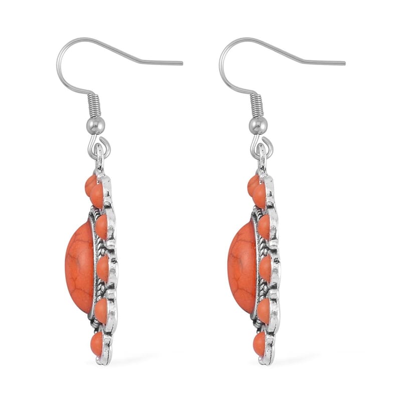 Constituted Orange Howlite 219.00 ctw Dangle Earrings, Cuff Bracelet (7.5-8.5In) and Pendant Necklace 26-30 Inches in Silvertone