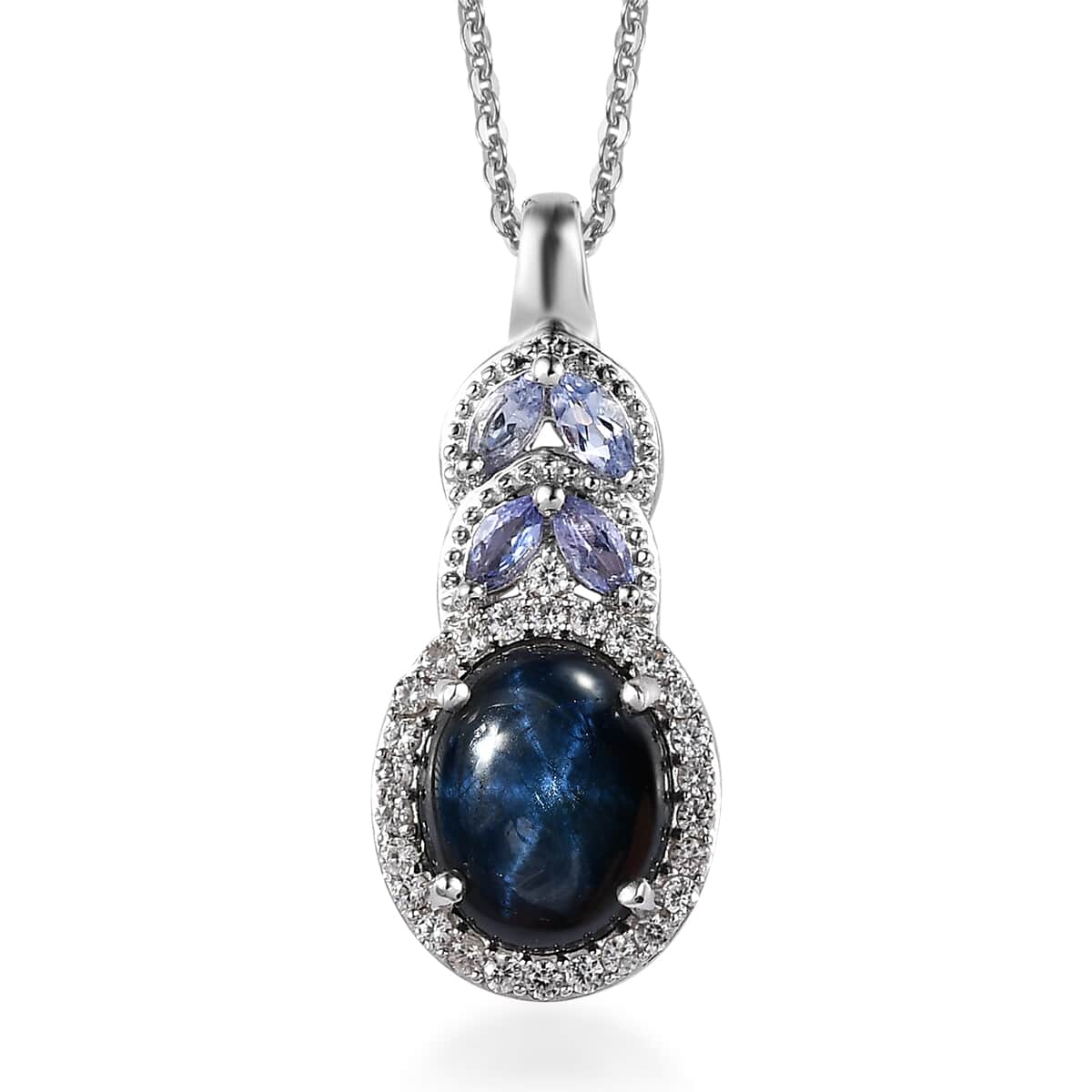 Blue Star Sapphire (DF) and Multi Gemstone Halo Pendant Necklace 20 Inches in Platinum Over Sterling Silver 5.40 ctw image number 0