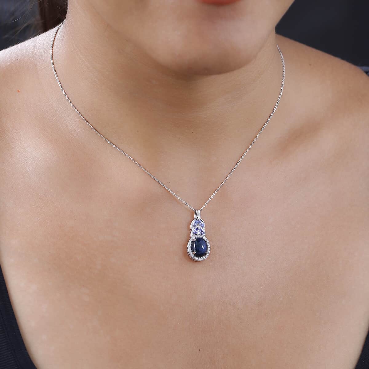 Blue Star Sapphire (DF) and Multi Gemstone Halo Pendant Necklace 20 Inches in Platinum Over Sterling Silver 5.40 ctw image number 2