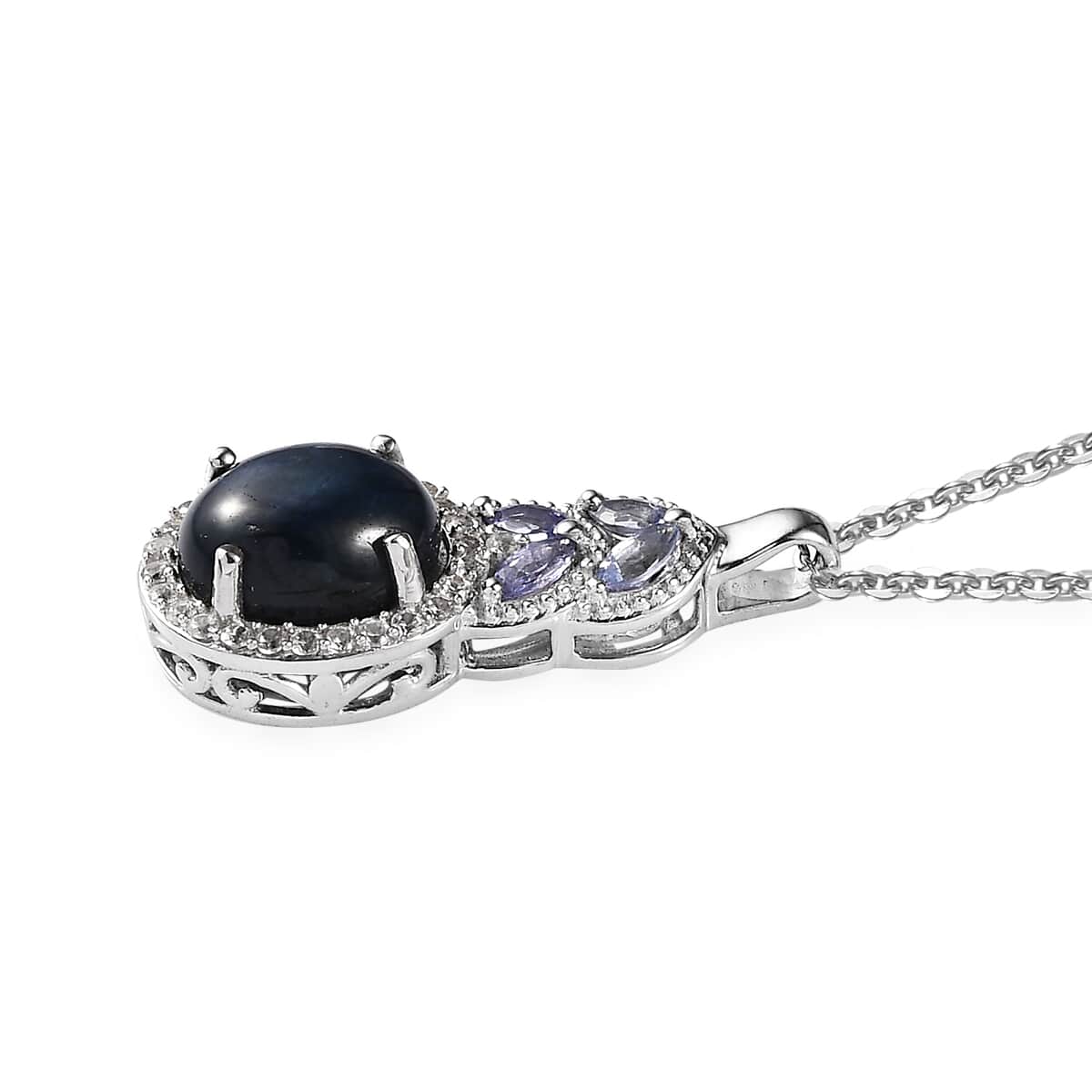 Blue Star Sapphire (DF) and Multi Gemstone Halo Pendant Necklace 20 Inches in Platinum Over Sterling Silver 5.40 ctw image number 3