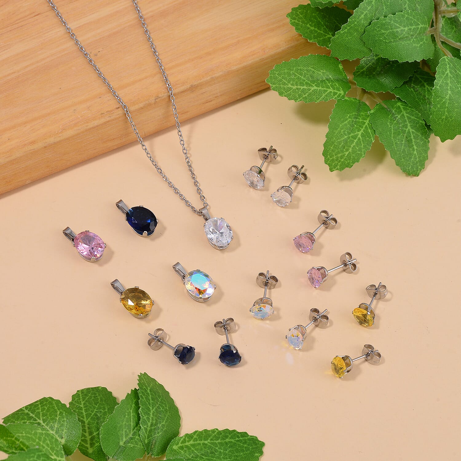 11pcs Set Multi Color Austrian Crystal 5pcs Earrings and 5pcs Pendants with 1pc Necklace 20 Inches in Stainless Steel
