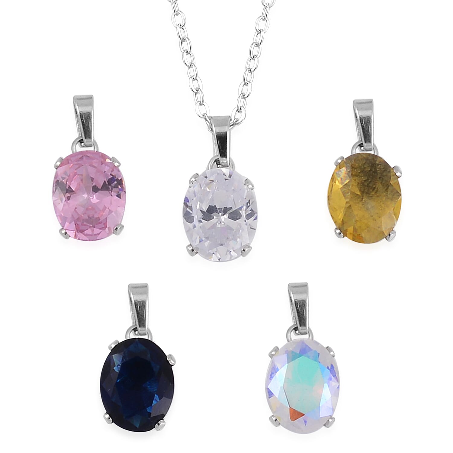 11pcs Set Multi Color Austrian Crystal 5pcs Earrings and 5pcs Pendants with 1pc Necklace 20 Inches in Stainless Steel