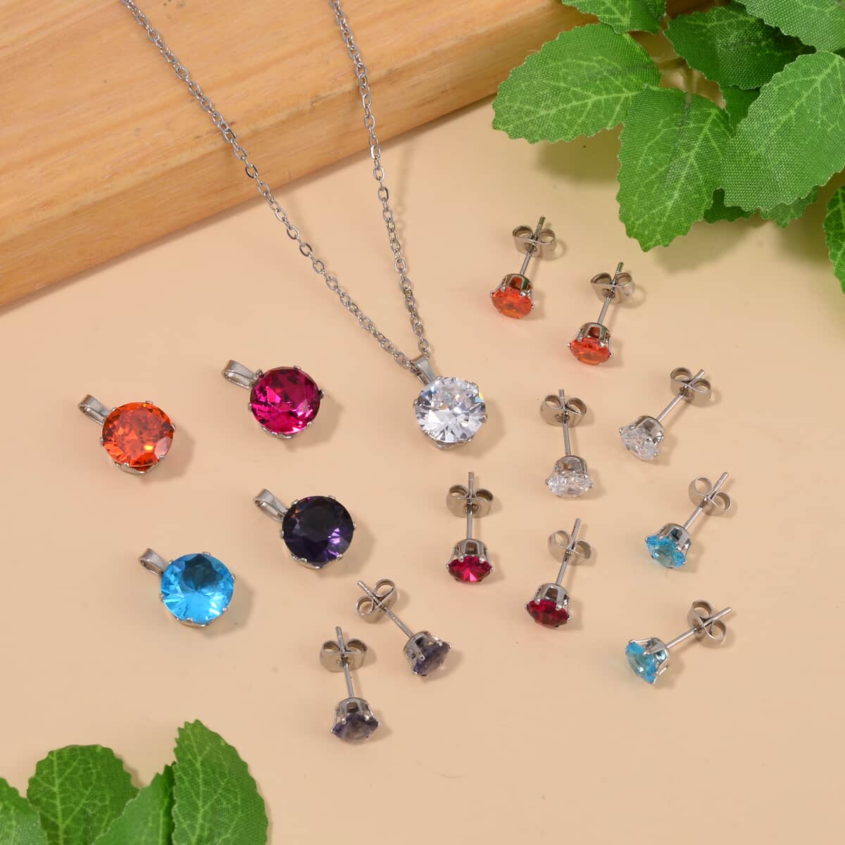 11pcs Set Multi Color Austrian Crystal 5pcs Earrings and 5pcs Pendants with 1pc Necklace 20 Inches in Stainless Steel image number 1