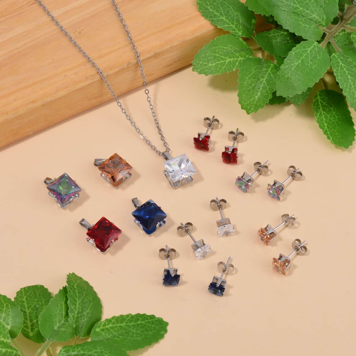 11pcs Set Multi Color Austrian Crystal 5pcs Earrings and 5pcs Pendants with 1pc Necklace 20 Inches in Stainless Steel image number 1