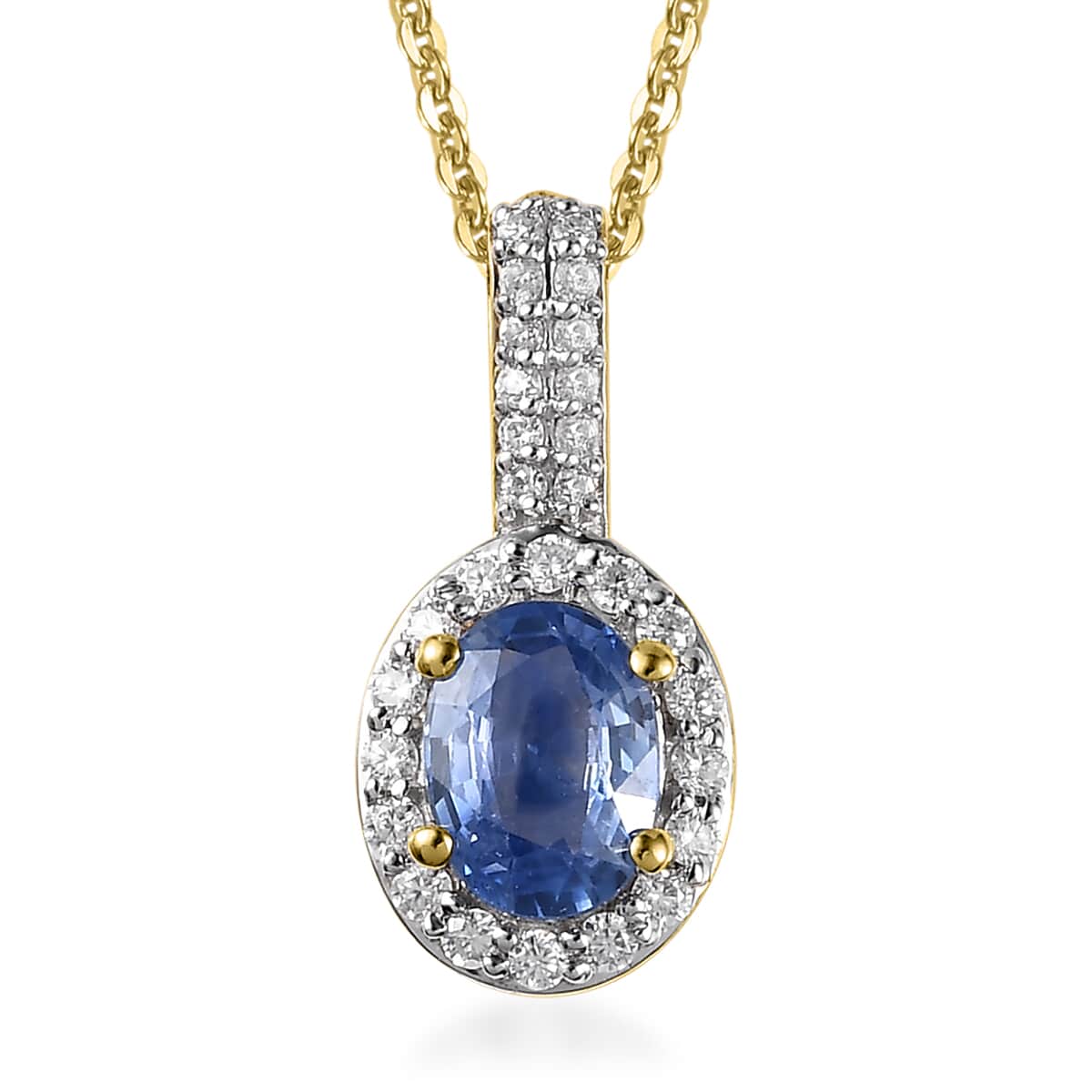 Premium Ceylon Blue Sapphire and Moissanite Halo Pendant Necklace 20 Inches in Vermeil Yellow Gold Over Sterling Silver 1.25 ctw image number 0