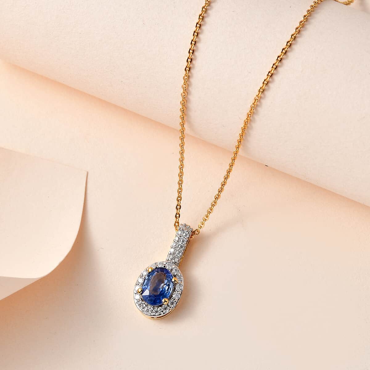 Premium Ceylon Blue Sapphire and Moissanite Halo Pendant Necklace 20 Inches in Vermeil Yellow Gold Over Sterling Silver 1.25 ctw image number 1