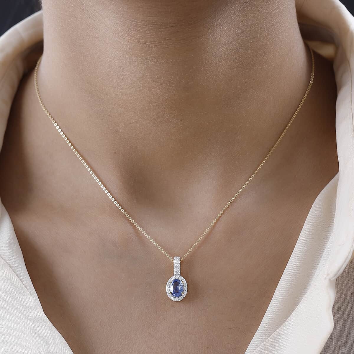 Premium Ceylon Blue Sapphire and Moissanite Halo Pendant Necklace 20 Inches in Vermeil Yellow Gold Over Sterling Silver 1.25 ctw image number 2