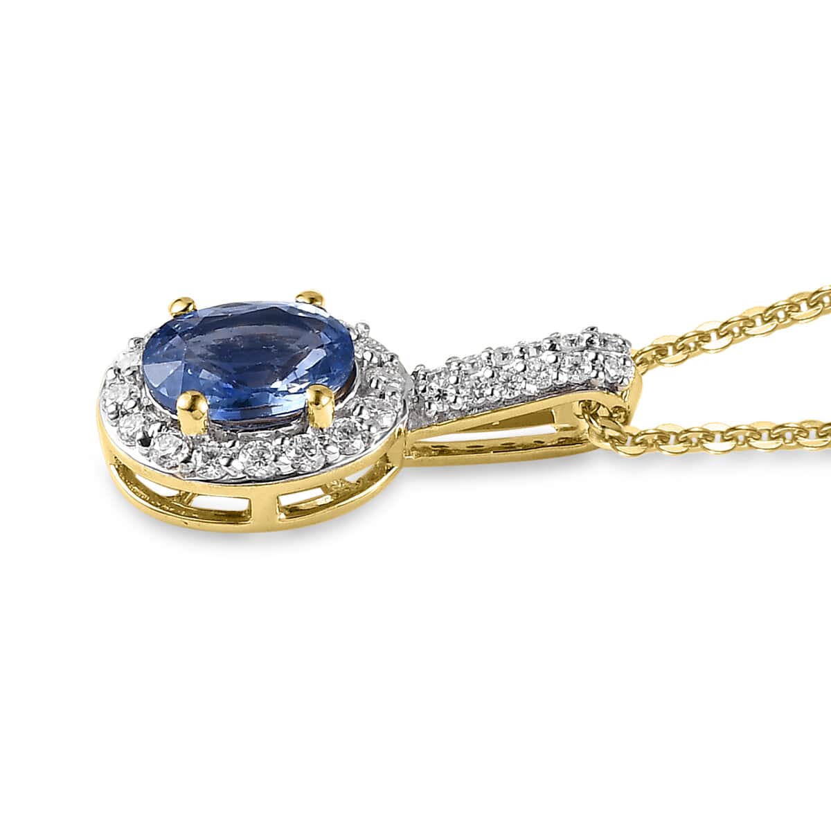 Premium Ceylon Blue Sapphire and Moissanite Halo Pendant Necklace 20 Inches in Vermeil Yellow Gold Over Sterling Silver 1.25 ctw image number 3