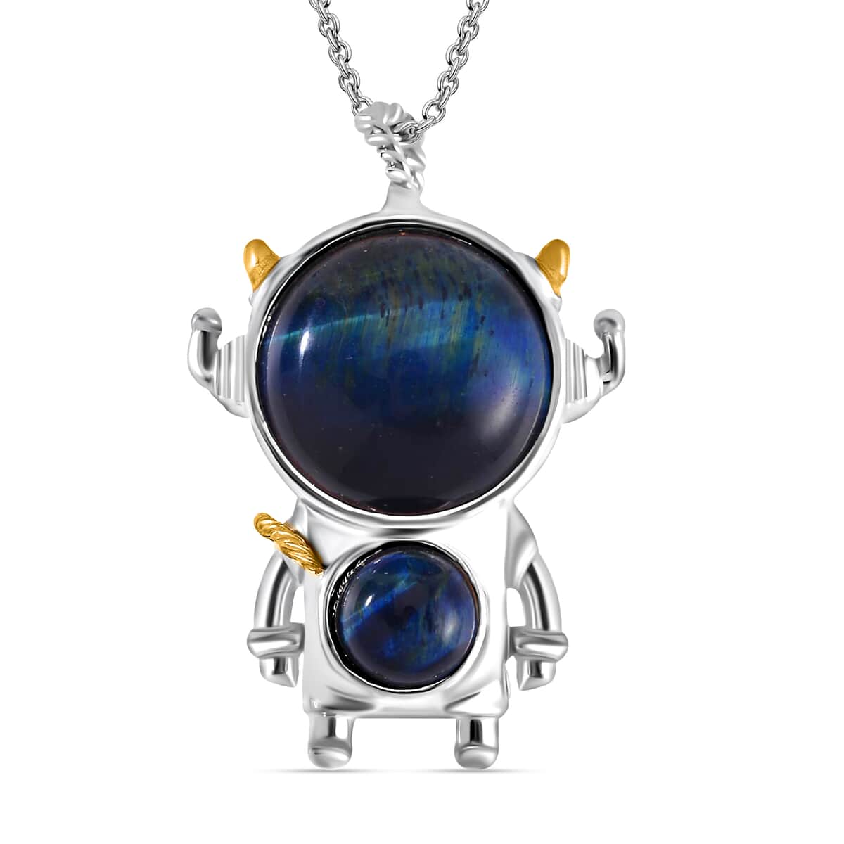 Blue Tigers Eye Spaceman Pendant in Dualtone with Stainless Steel Chain 24 Inches 46.50 ctw image number 0