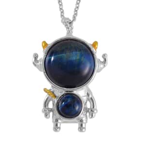 Blue Tigers Eye Spaceman Pendant in Dualtone with Stainless Steel Chain 24 Inches 46.50 ctw