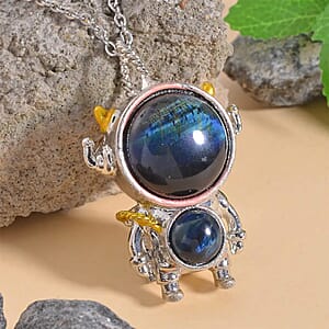 Blue Tigers Eye 46.50 ctw Spaceman Pendant in Dualtone with Stainless Steel Chain 24 Inches