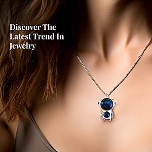 Blue Tigers Eye 46.50 ctw Spaceman Pendant in Dualtone with Stainless Steel Chain 24 Inches