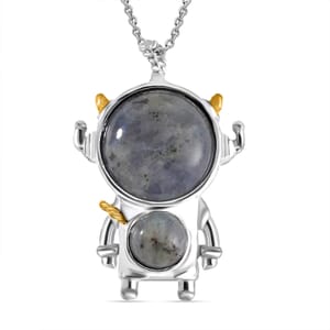 Malagasy Labradorite 46.50 ctw Spaceman Pendant in Dualtone with Stainless Steel Chain 24 Inches