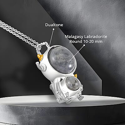 Malagasy Labradorite 46.50 ctw Spaceman Pendant in Dualtone with Stainless Steel Chain 24 Inches